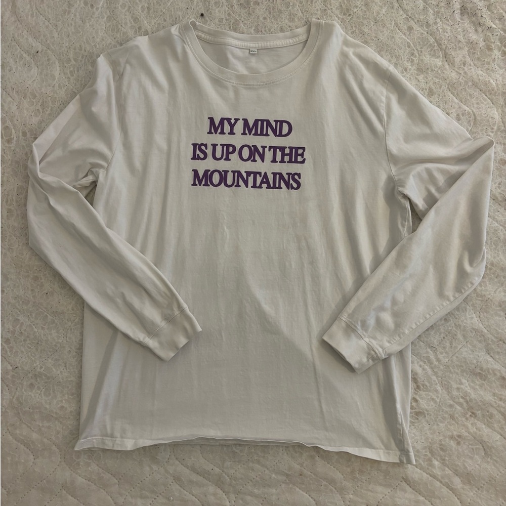 White Long Sleeve Shirt with Purple Text